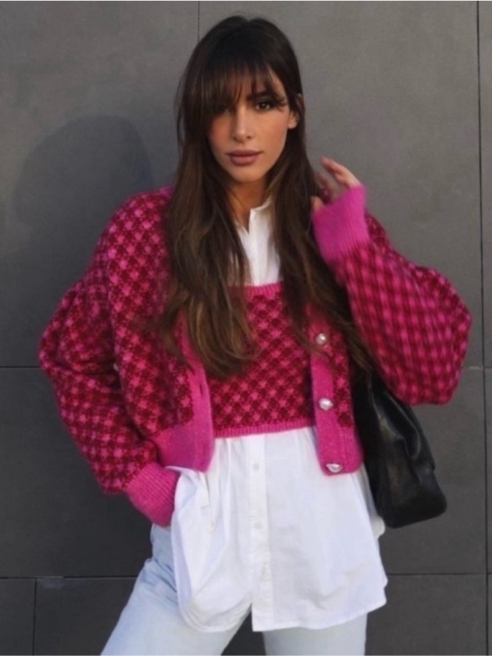 💖Blogger Favorite 💖 Zara 2pc Fuchsia Knit Cardigan & Cropped Top w/ Pearl Accent
